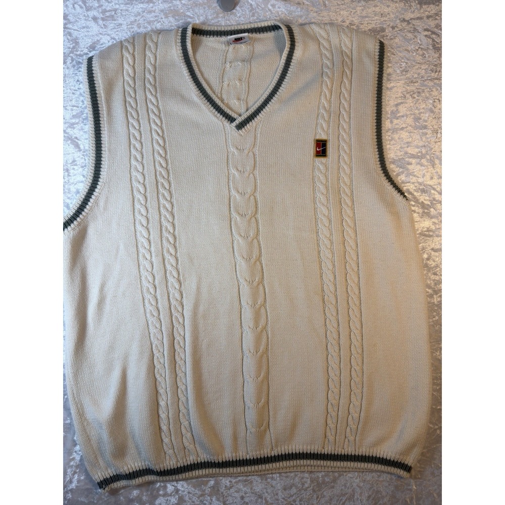 Vintage 90s Nike Tennis Mens XL Sweater Vest Cable Knit Swoosh Preppy